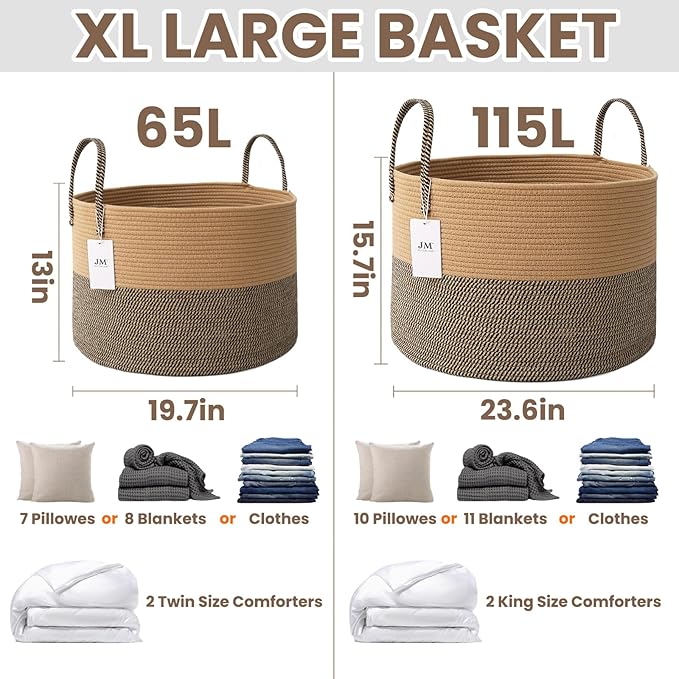 Woven Blanket Basket, 65L Large Rope Storage Bin - Image 2