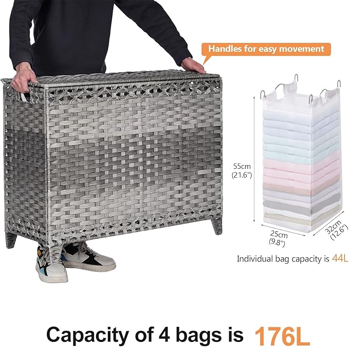 Laundry Hamper with 4 Removable Liner Bags; 176L Handwoven Rattan Laundry
