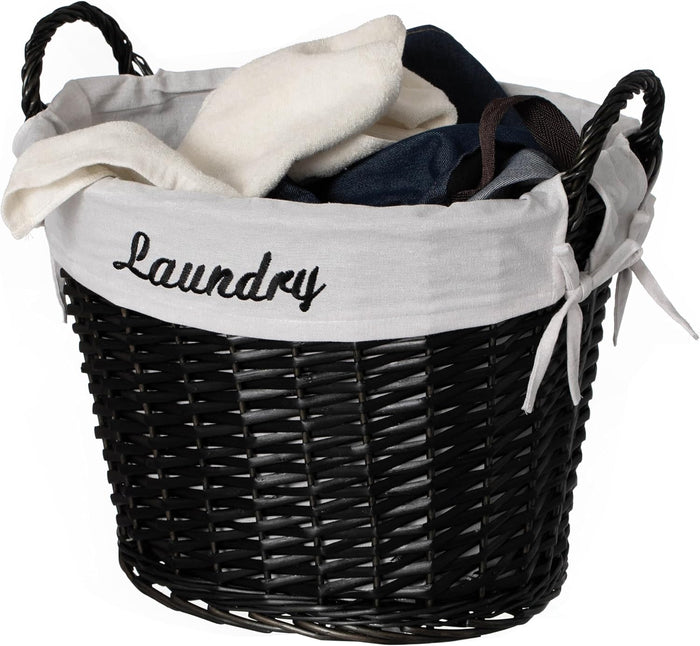 Wickerwise Handwoven Laundry Basket with Liner & Handles - Boho Decorative Storage Hamper for Clothes Blankets Pillows and Towels - Ideal for Laundry Room Bathroom Bedroom and Living Room, Black