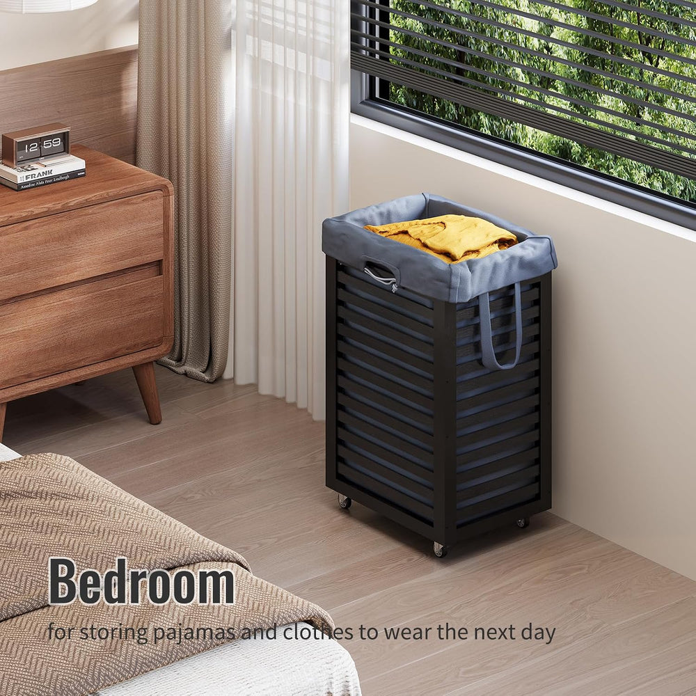 Laundry Hamper with Wheels,Rolling Laundry Basket with Removable Bag,Bamboo C...