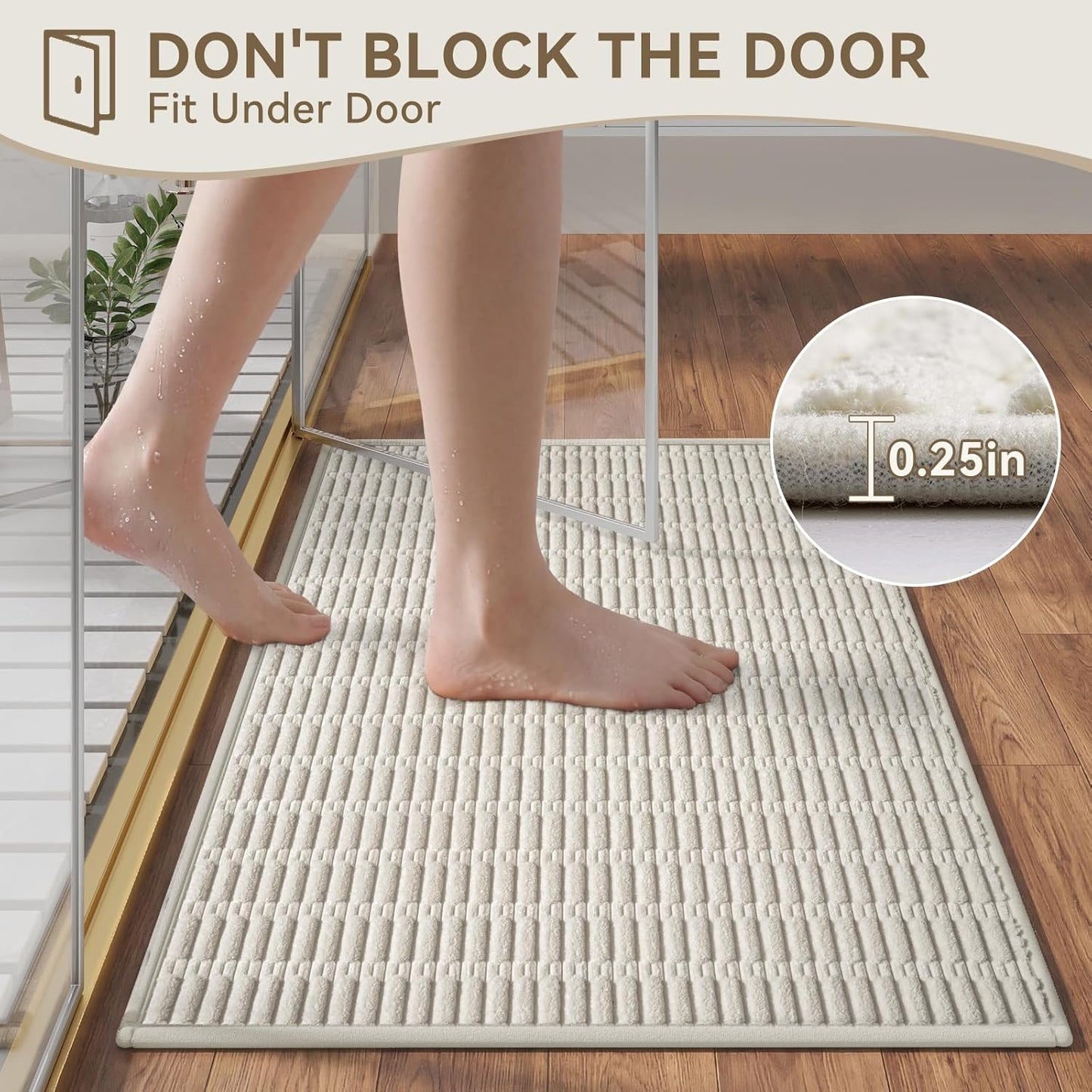 Non-Slip Bath Mat with Rubber Backing, Washable Thin Bath Mats for Bathroom Floor, Absorbent Bathroom Rugs, Quick Dry, Fits Under Door Beige 16x24
