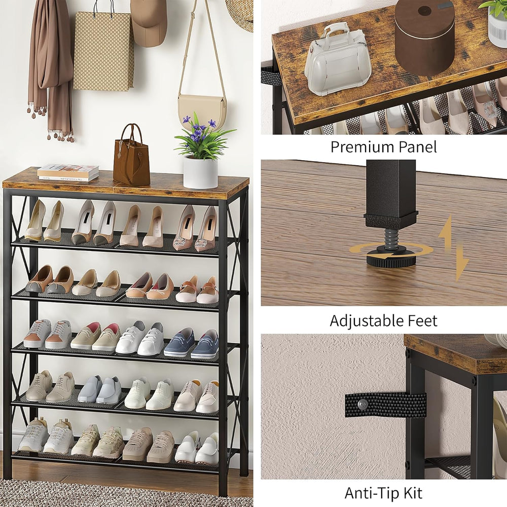 6 Tier Shoe Rack, Metal Shoe Stand with Wooden Top, Sturdy Shoe Shelf for Ent...