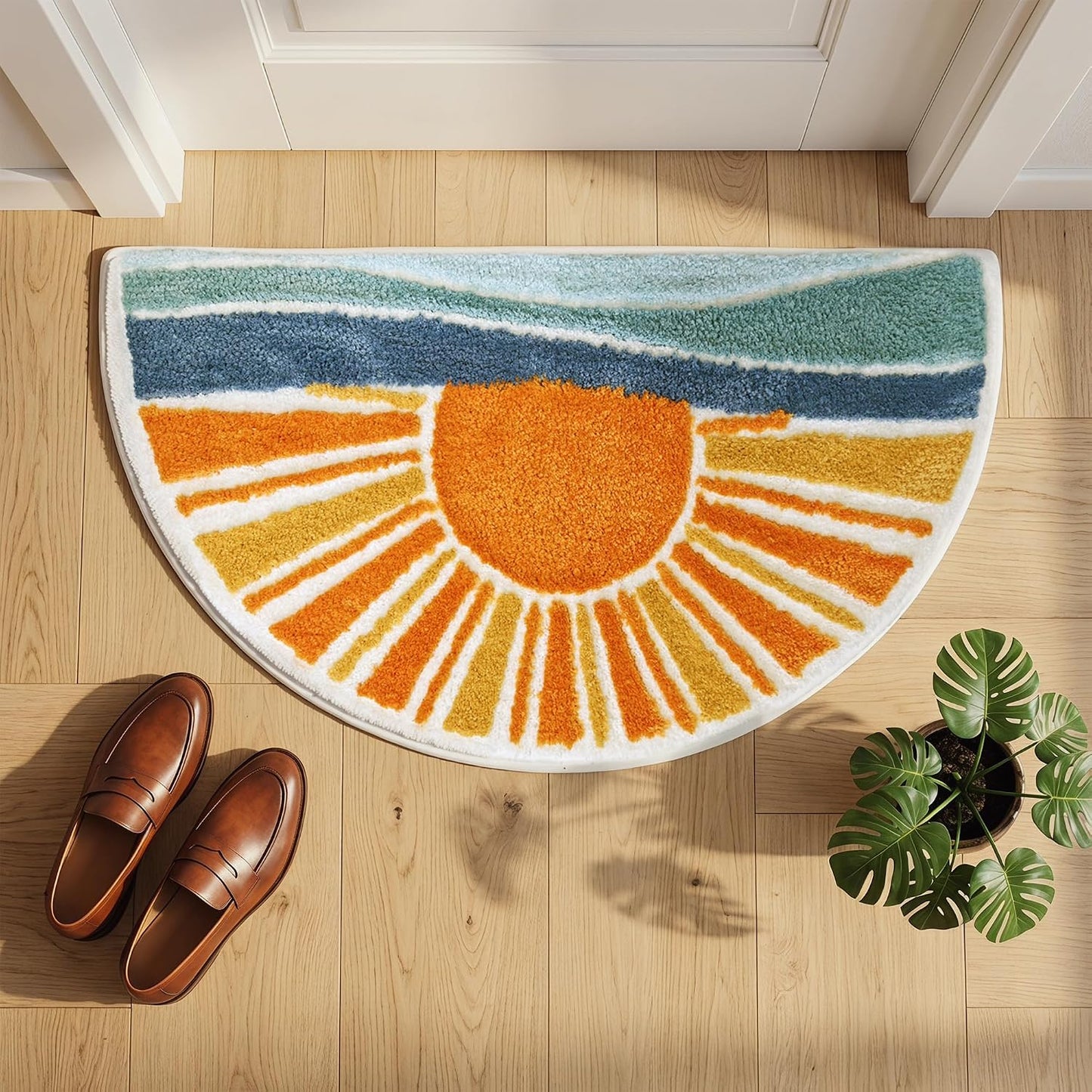 Boho Sun Bath Rug, Half Circle Bath Mat, Soft Plush Fluffy Absorbent Quick Dry Shower Rug, High-Low Pile Non Slip Floor Mat for Bathroom, Bedroom, Living Room, Kitchen Sink & Kids Room, 19.6"x35"