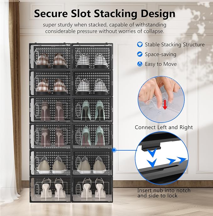 12 Pack X-Large Modular Clear Plastic Stackable Shoe Storage Organizer - Image 3