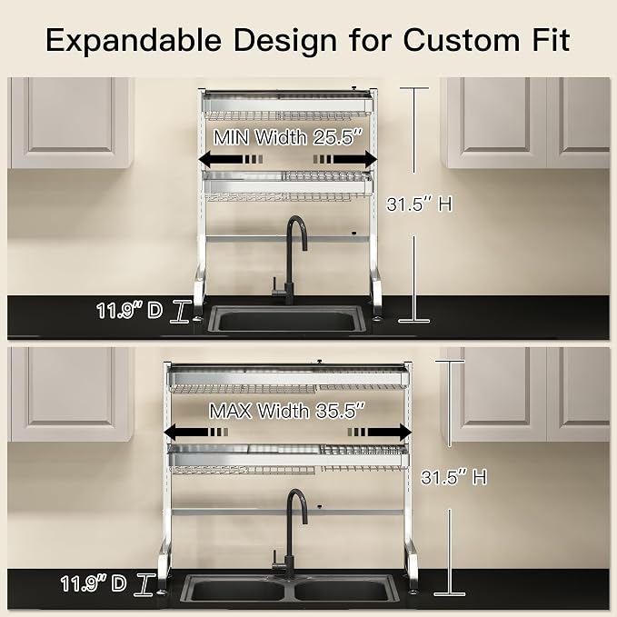 3 Tier Extra Large Stainless Steel Expandable Over The Sink Dish Drainer Drying - Image 3