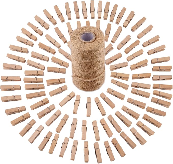 320 Feet Jute Twine and 100 Pieces Mini Natural Wooden Craft Clothespins Pegs by Sunmns