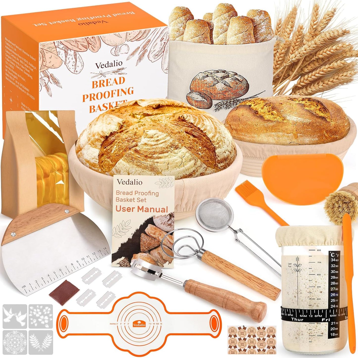 Sourdough Starter Kit with Bread Proofing Baskets, Jars, Baking Essentials | 9 in Round & 10 in Oval Baskets Set, Sourdough Bread Baking Supplies, Sour dough Beginner Kit Gifts for Bakers Women Wife Mom
