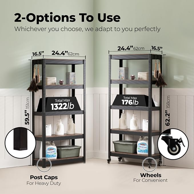 HOMEDANT House 5-Tier Metal Rolling Cart Shelf Rack Casters Heavy Duty Wheel - Image 2