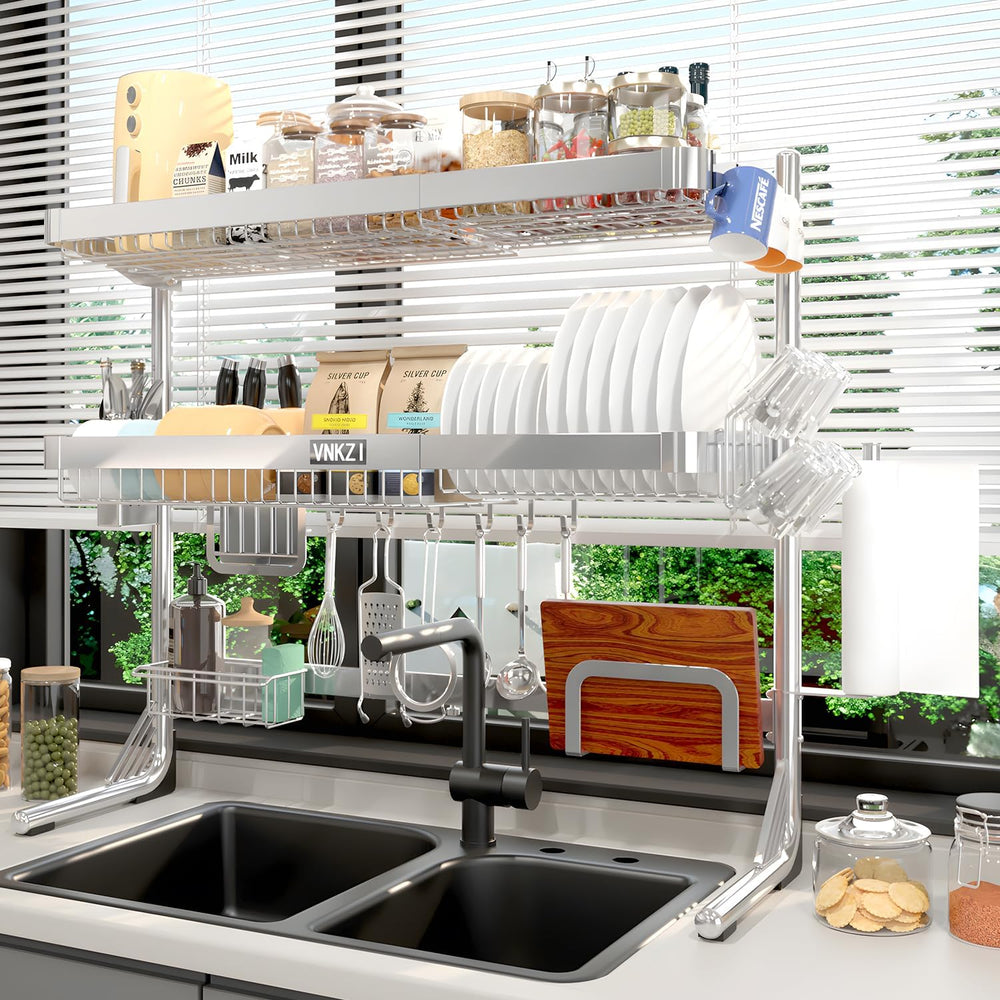 VNKZI Over Sink Dish Drying Rack, 3 Tier Full Stainless Steel Storage Adjusta...