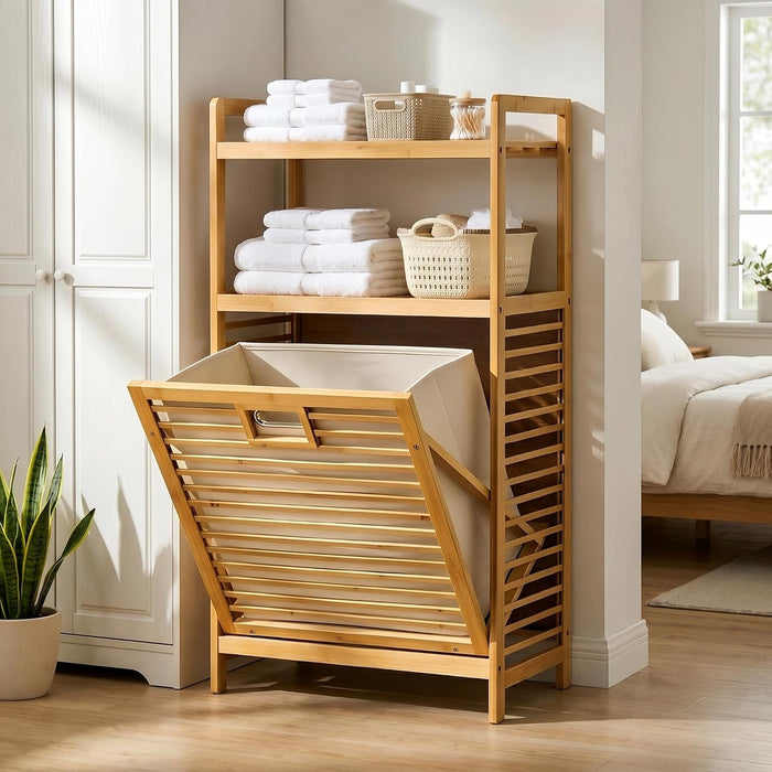 Bamboo Tilt Out Laundry Hamper with 2-Tier Storage Shelves