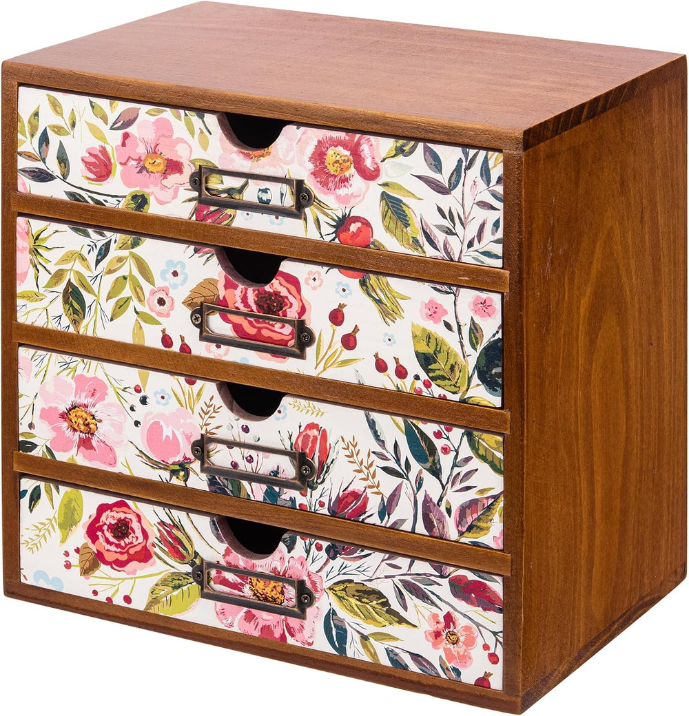 4-Drawer Vintage Desk Wood Storage Box With Drawers in Floral Chintz - Wooden...