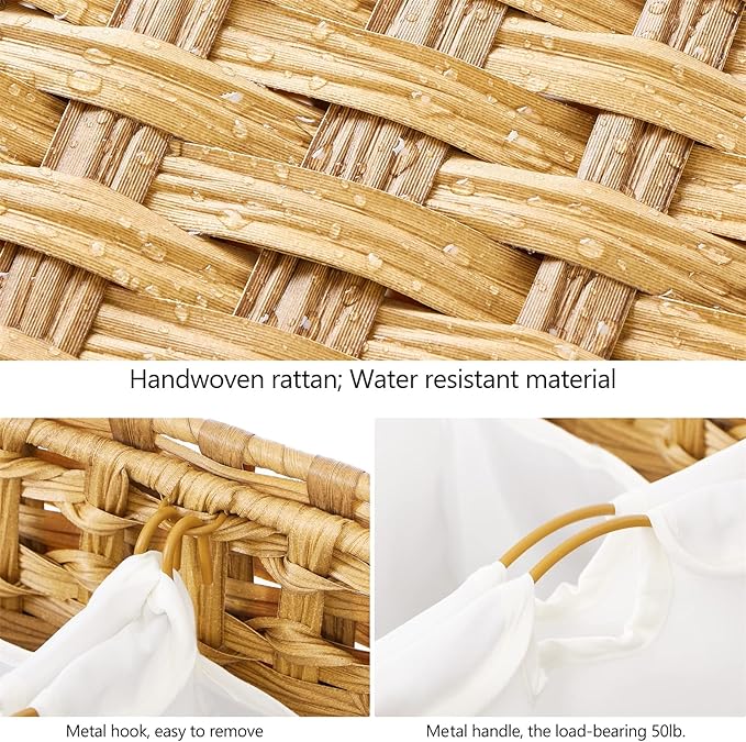 Laundry Hamper with 3 Removable Liner Bags; 132L Handwoven Rattan Laundry - Image 6