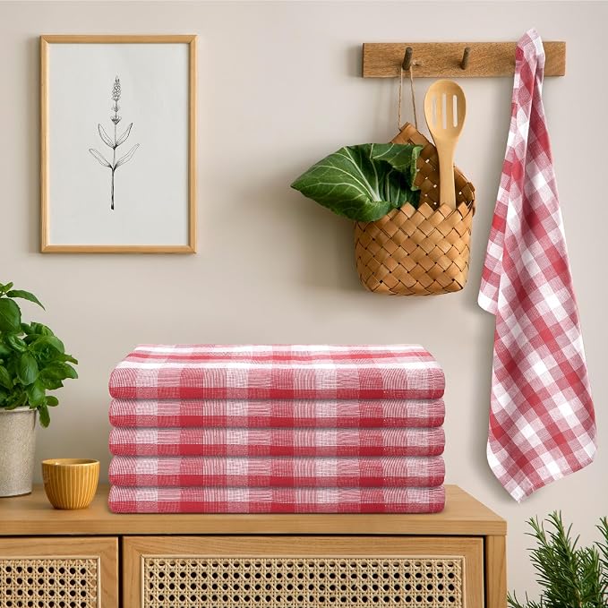 Christmas Kitchen Towels Set of 6 Red/White Checks, Reusable Cotton 20X30 - Image 2