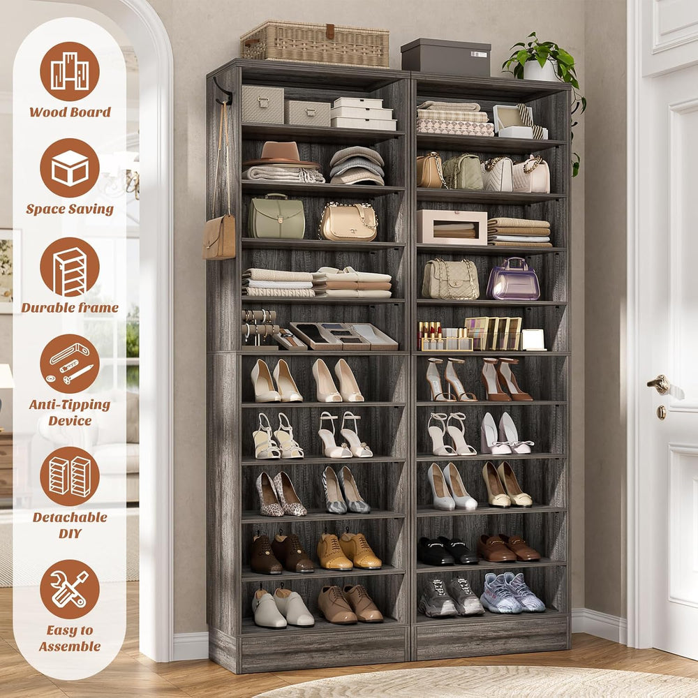Aheaplus 10 Tiers Narrow Shoe Cabinet Set of 2, 35.4" Tall Wood Shoe Rac...