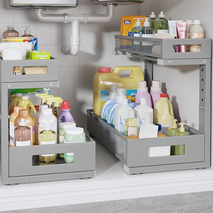 2 Pack 17IN Depth Under Sink Storage Organizer, Large 2-Tier Elegant Mesh Pull by UnderSinkOrganizer