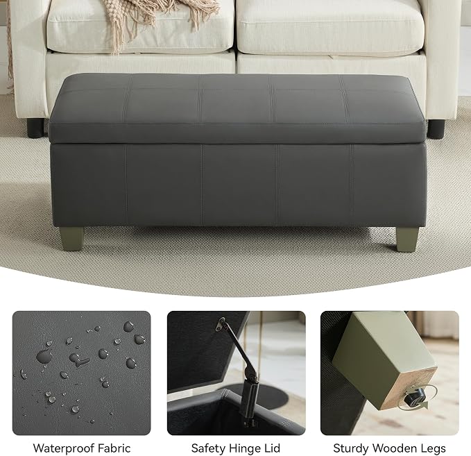 41" Faux Leather Storage Ottoman, Stitch Tufted Rectangle Upholstered End of - Image 4
