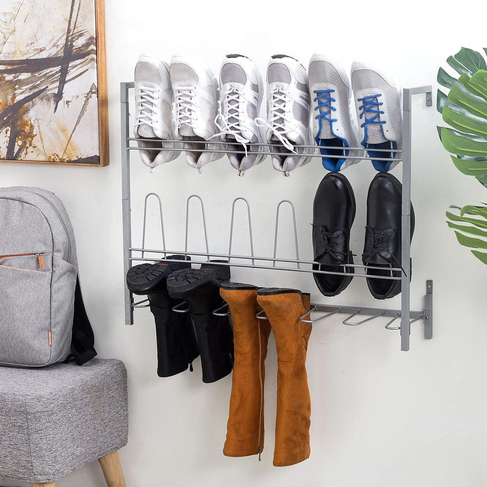 MyGift Wall Mounted Silver Metal Shoe & Boot Rack Organizer, 9 Pairs