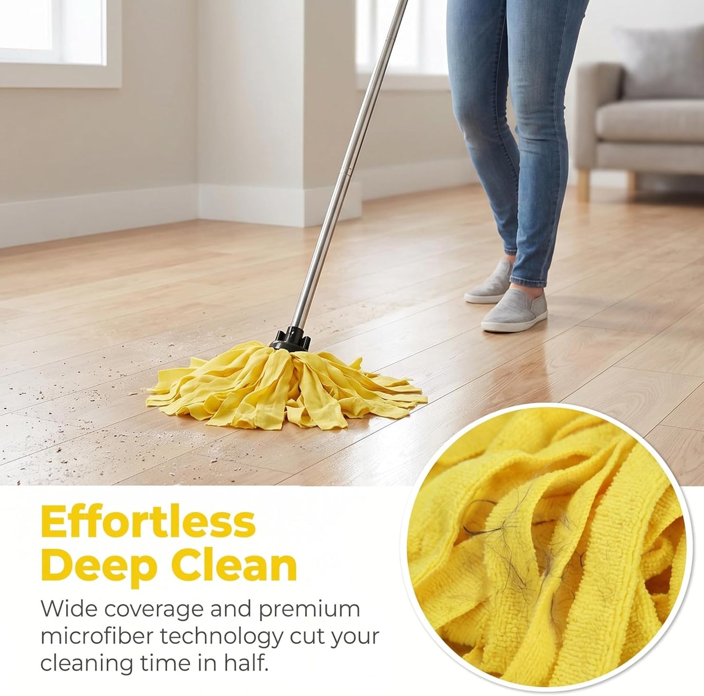 Microfiber Cloth Mop for Floor Cleaning with 2Pcs Replacement Head,Long Handle String Wet Floor Mop for Home,Hardwood,Laminate,Tile,Marble (Yellow)