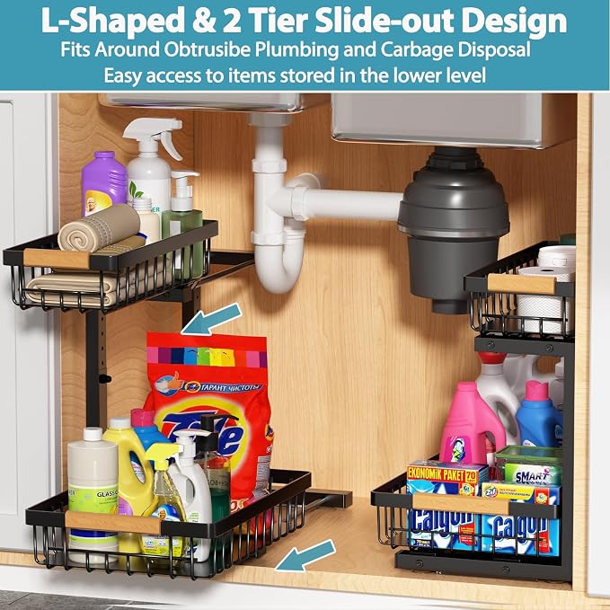 Under Sink Organizer Storage 2 Pack, 2 Tier Slide Out Height Adjustable Pull - Image 8