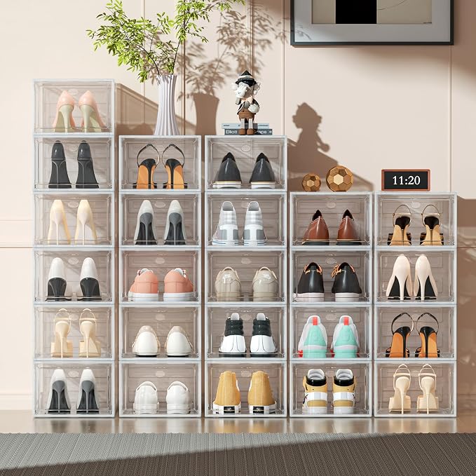 12 Pack Upgrade Harder Solid Plastic Shoe Organizer, Shoe Boxes Clear Stackable - Image 3