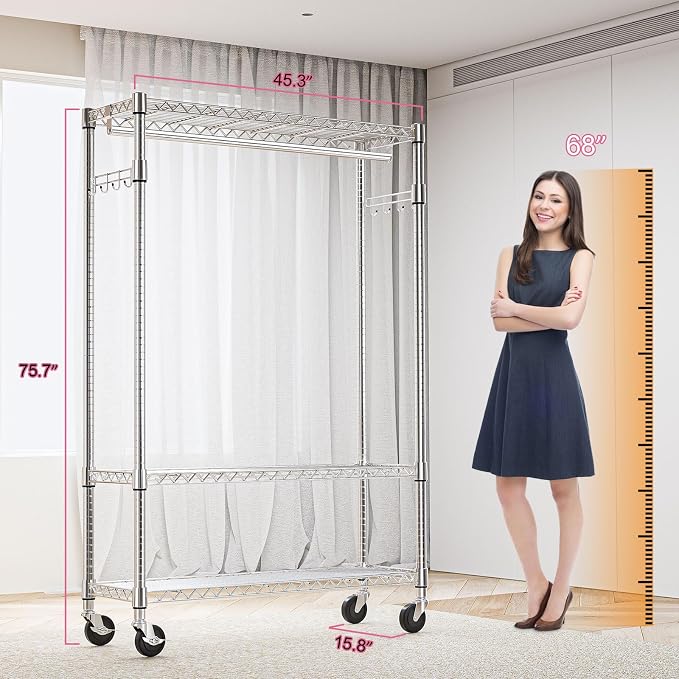 Heavy Duty Rolling Garment Rack 3 Tiers Adjustable Wire Shelving Clothes Rack - Image 8