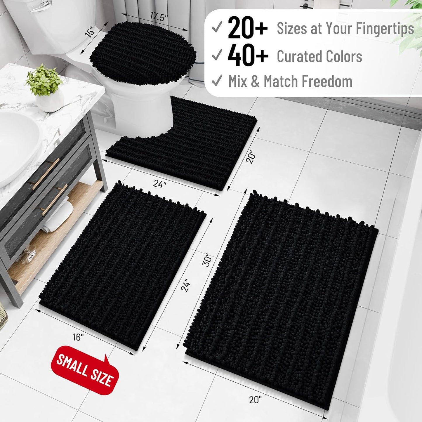 Arotive Luxury Bathroom Rugs 24x16, Extra Soft Thick Absorbent Shaggy Chenille Bath Rugs, Non-Slip Machine Wash Dry, Bath Mats for Bathroom Floor, Tub and Shower, Home Decor Accessories, Black