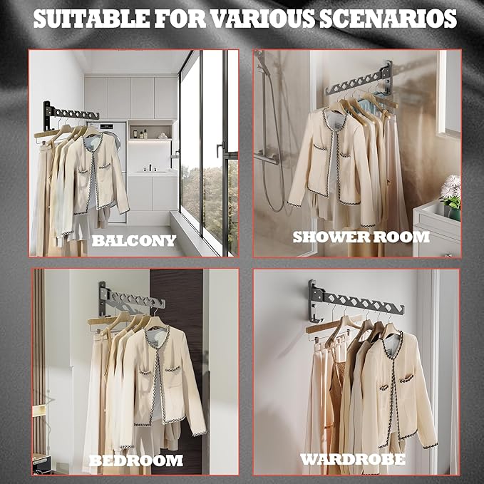Dr.DJ Wall Mount Coat Hanger Holder Black Clothes Drying Organizer Rack Garment - Image 4