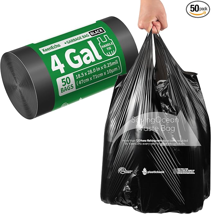 Small Trash Bags with Handles 4 Gallon 50 Count Black by KeenEcho