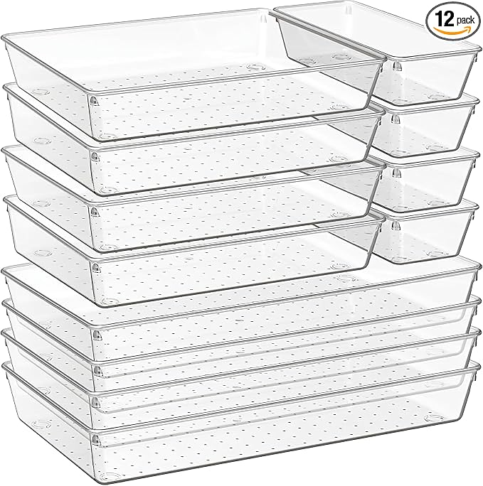 12-Pack Clear Plastic Drawer Organizer Trays – Multi-Use Acrylic Storage Bins by Unknown