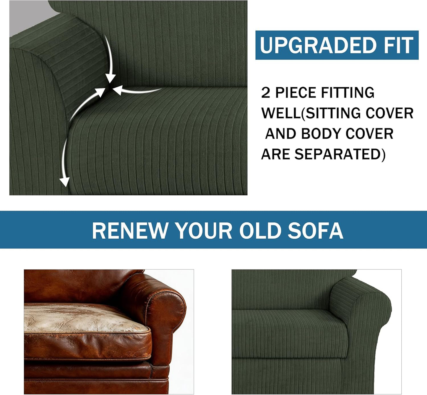 Sofa Cover Stretching Skid Resistance Couch Cover for Pets Washable, Thick and Durable Soft High Spandex Striped Pattern Sofa Covers, Form Fitted Sofa Slipcover(Sofa, Green)