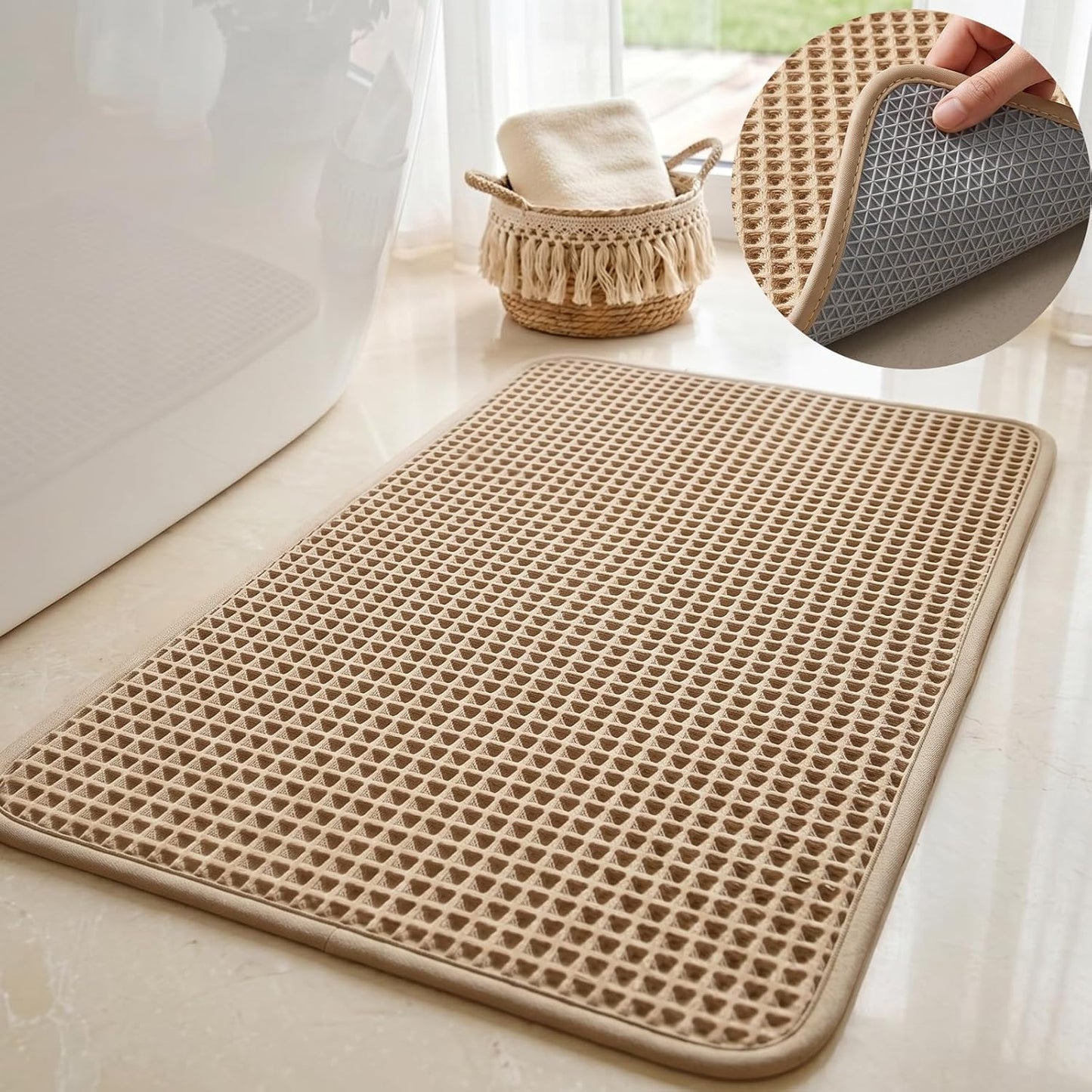 Furicher Upgraded Non Slip Waffle Bath Mat, Super Absorbent Bathroom Rugs, 20x30 inch Boho Decor Kitchen Rug, Soft & Machine Washable Bathroom Floor Mat for Tub, Sink, Vanity, Entryway (Brown)
