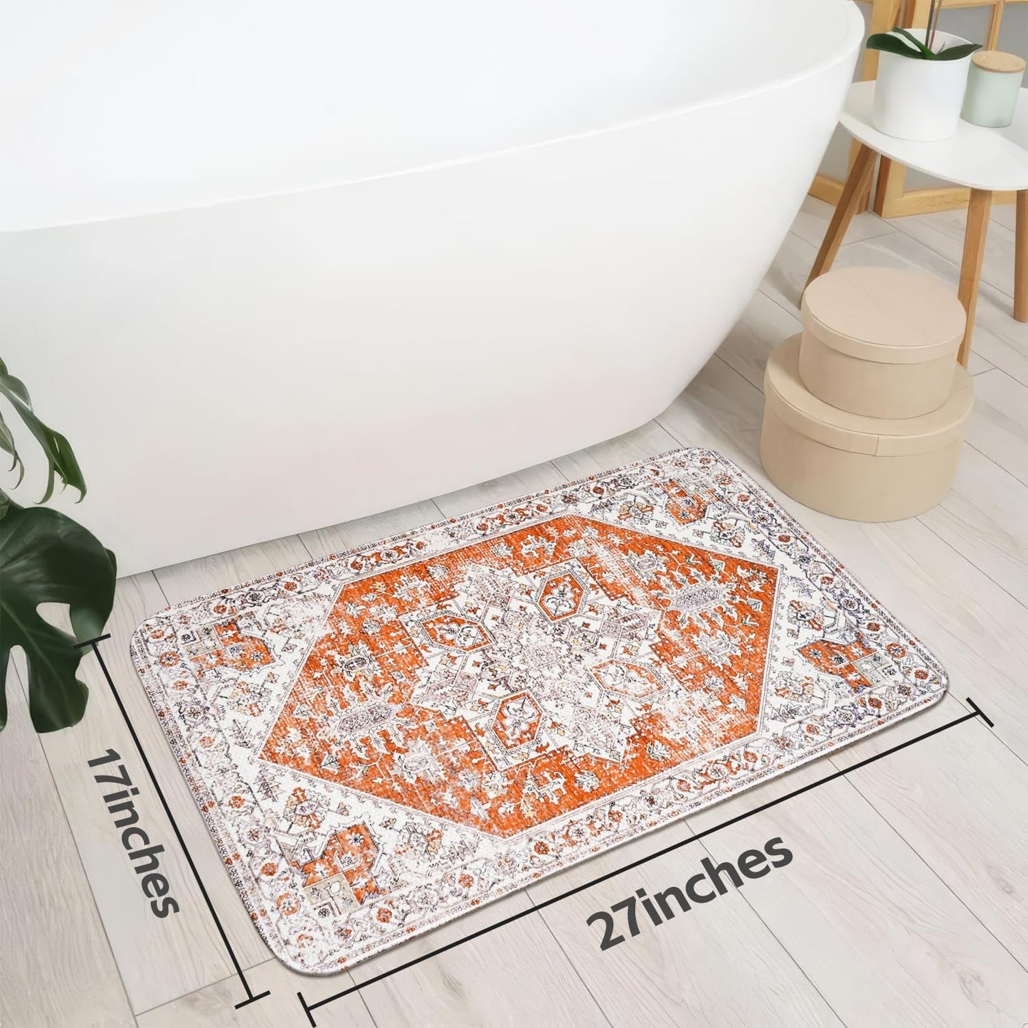 Thin Bath Mats for Bathroom Under Door, Vintage Boho Bathroom Rugs Non Slip with Rubber Backing, Quick Dry Washable Cute Small Bath Rug for Shower, Tub, Sink Floor, Orange,1'5"x2'3"