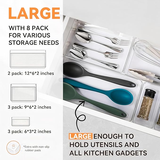 8-Pack Clear Plastic Drawer Organizer Trays – Large Dividers - Image 2