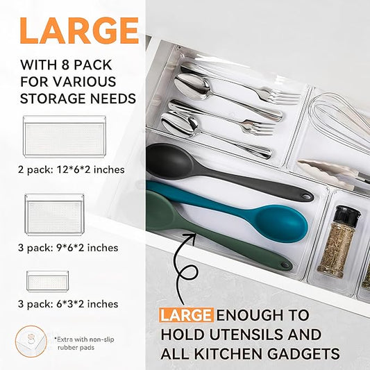 8-Pack Clear Plastic Drawer Organizer Trays – Large Dividers - Image 2