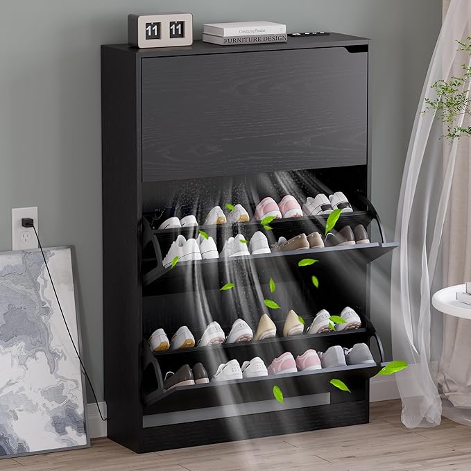 Shoe Cabinet with Odor Control and Back Panels, Deodorizing Slim 3-Flip Shoe by BORNOON