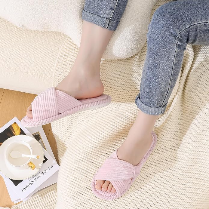 Evshine Summer House Slippers for Women Corduroy Cross Bow Indoor Slippers Open - Image 2