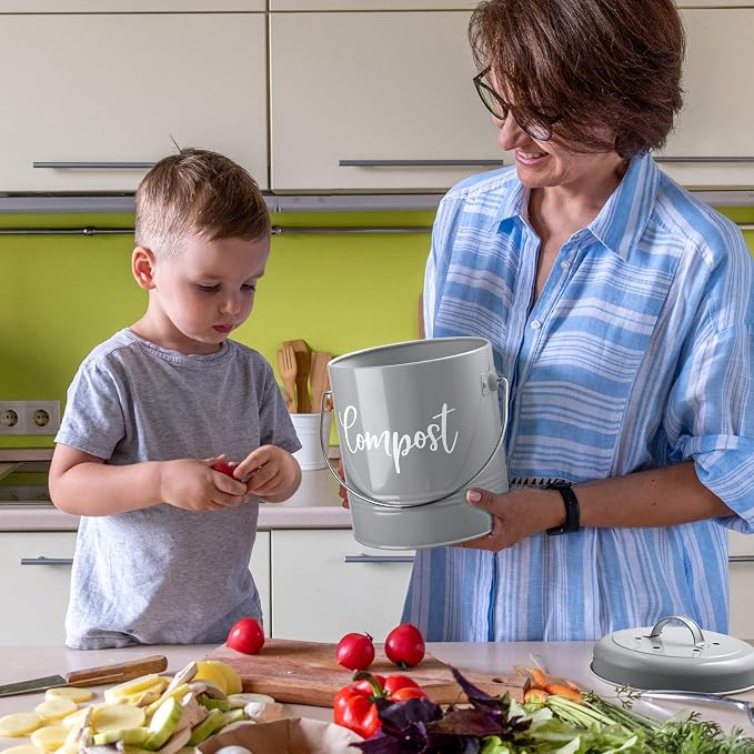 Gray Compost Bin Kitchen, 1.3 Gallon Farmhouse Kitchen Compost Bin Countertop - Image 7
