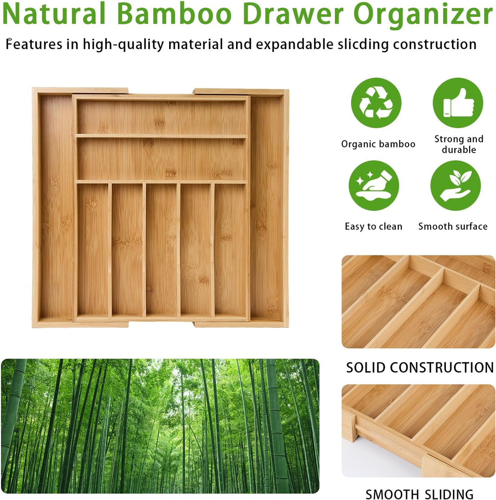 Bamboo Expandable Silverware Drawer Organizer, Adjustable Utensil Tray Cutler...