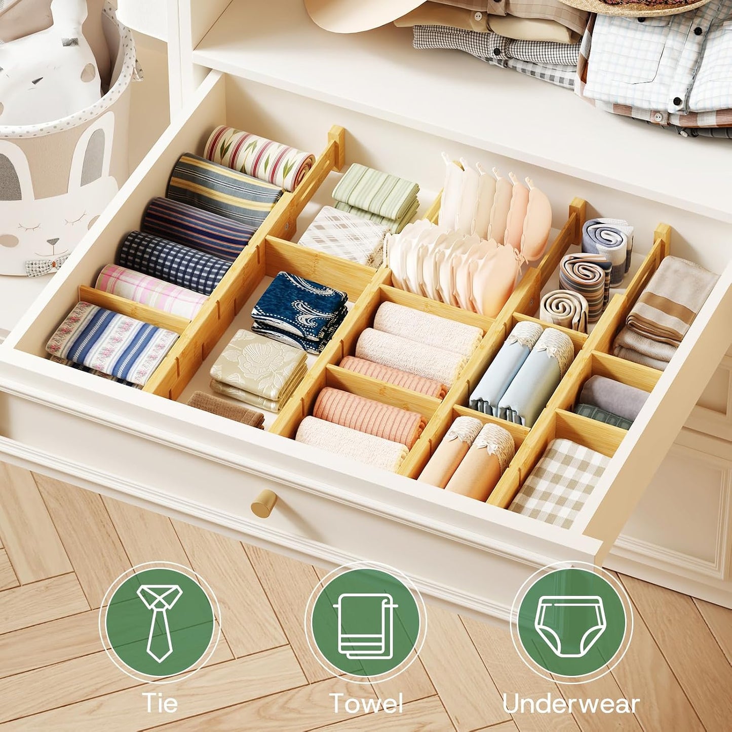 kiplant Kitchen Drawer Dividers - Adjustable Drawer Organizer for Clothes, Kitchen, Closet & Office - 4 Pack with Inserts, 18-22.6 Inches, Non-Slip Silicone Ends
