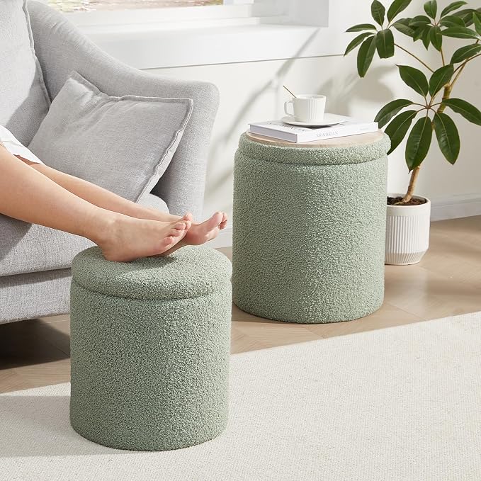 Boucle Round Ottoman with Storage Set of 2, Small Foot Stool Ottoman - Image 8
