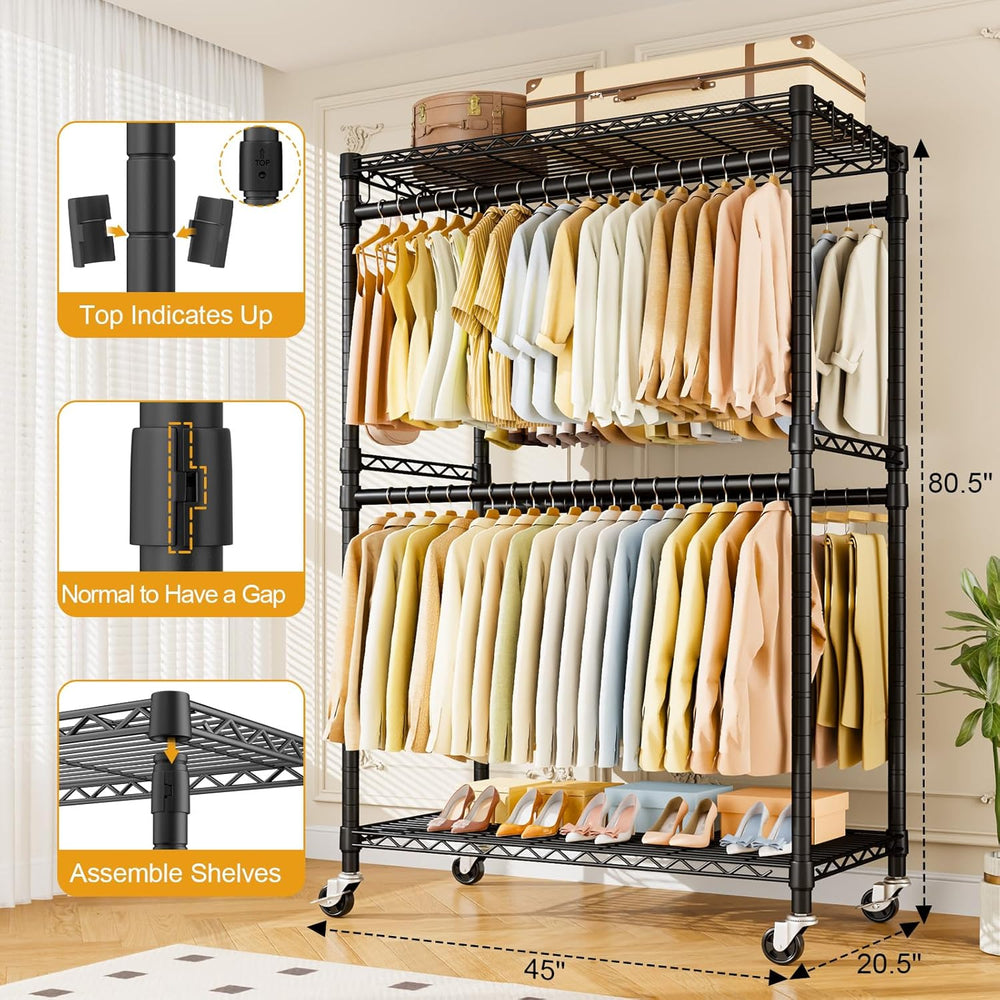 ULIFHOME Rolling Clothes Rack, Clothing Racks for Hanging Clothes, Black