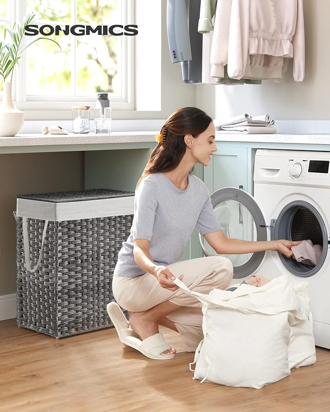 SONGMICS Laundry Hamper with Lid, 90L Clothes Hamper with 2 Removable Liner Bags - Image 2
