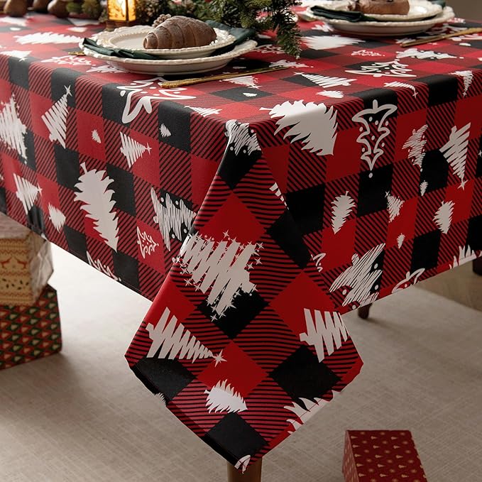 Red Waterproof Plaid Christmas Tree Tablecloth Fabric by Essifunia