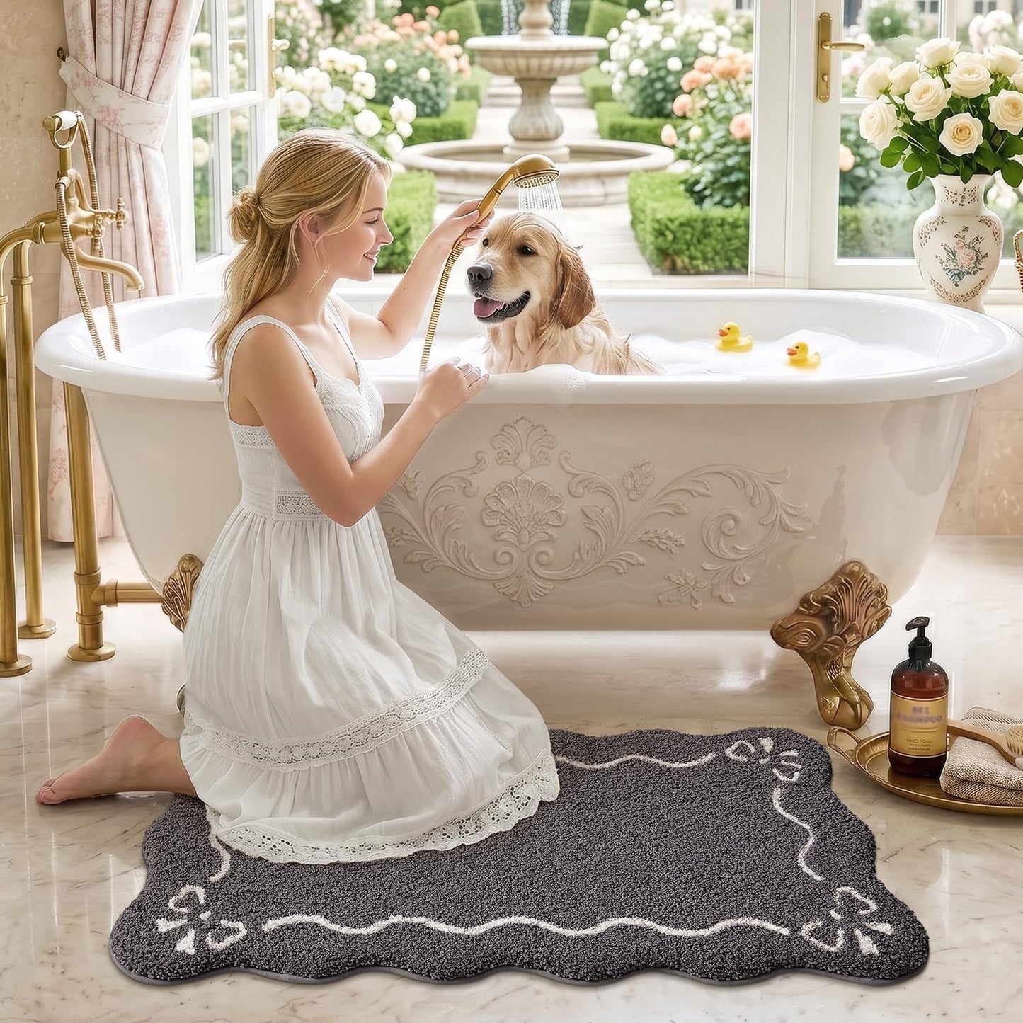 LUMI Scalloped Bathroom Rug, Cute Plush Microfiber Bath Mat, Super Absorbent & Quick Dry Shower Mat, Machine Washable Floor Carpet for Tub, Dark Grey, 24"x36"