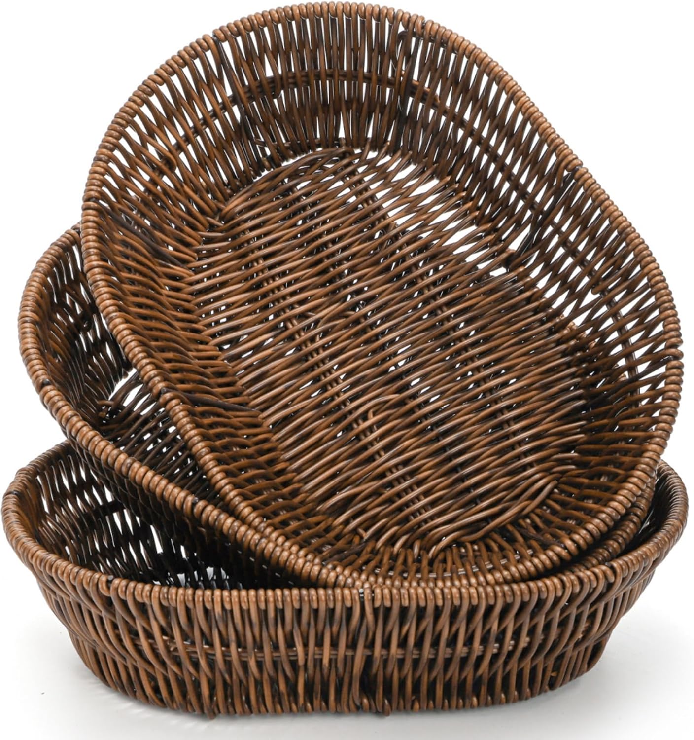 ZAVOOS 3 Pack Wicker Bread Basket, 11 Inch Food Serving Tray | Handwoven Oval Fruit Baskets, Tabletop Stackable Pantry Organizer Bin for Home Kitchen, Restaurant, Bakery, Vegetable Storage