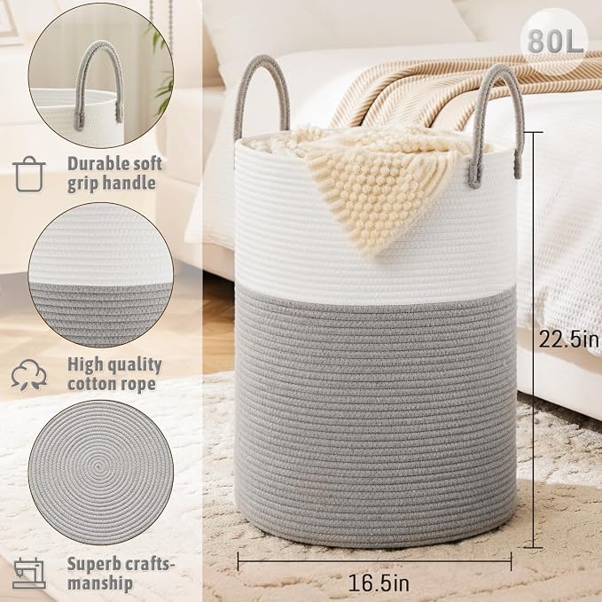 Laundry Basket, Woven Cotton Rope Laundry Hamper, 80L - Image 6
