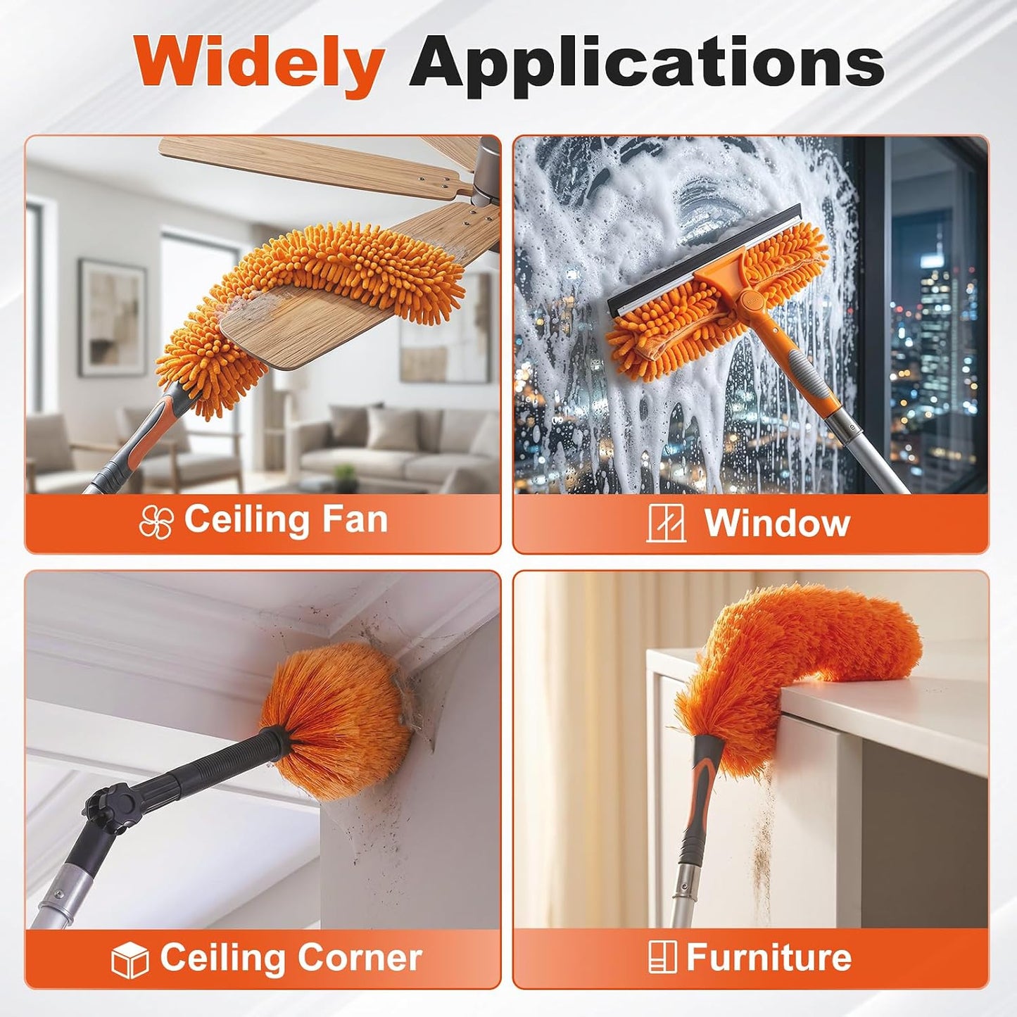 20 Foot High Ceiling Fan Cleaner Duster Kit with 5-12ft Heavy Duty Extension Pole, Microfiber Feather Duster, Cobweb Duster, Ceiling Fan Duster and Window Squeegee, Long Dusters for Cleaning