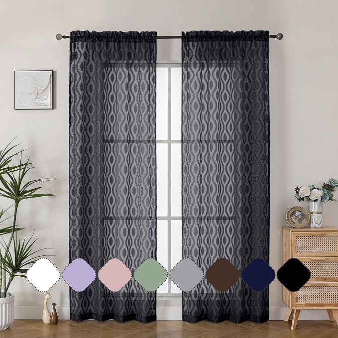 Aiyufeng Sheer Black Curtains 84 Inches Long 2 Panels, Solid Airy Light - Image 2