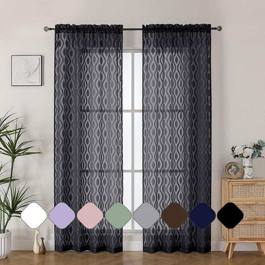 Aiyufeng Sheer Black Curtains 84 Inches Long 2 Panels, Solid Airy Light - Image 2