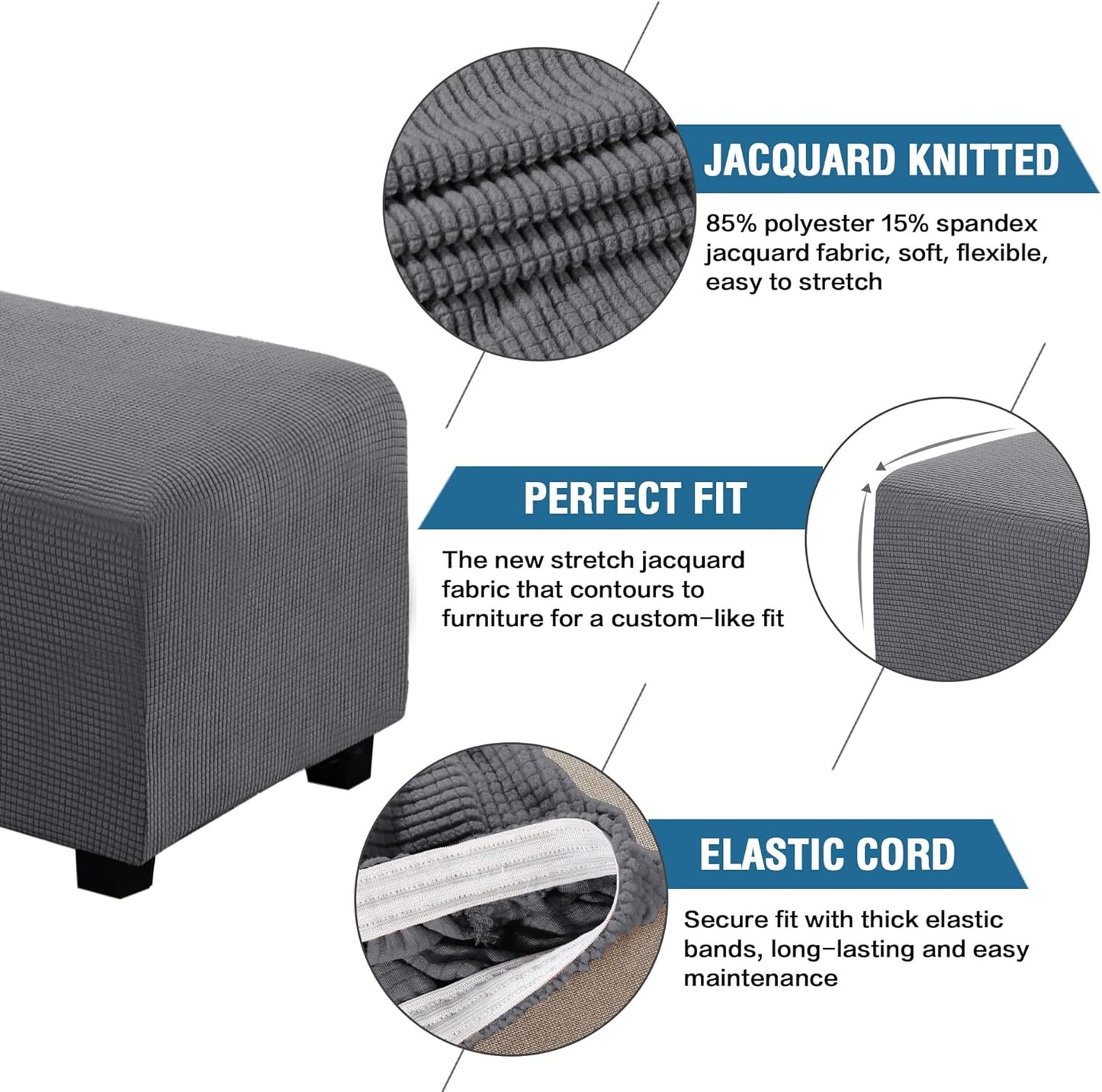 H.VERSAILTEX Ottoman Cover Slipcover Rectangle Fit Length 29"-34" Footrest Sofa Slipcovers Stool Cover Footstool Protector Covers Feature Stretch Thick Soft Jacquard Fabric Removable Washable - Grey